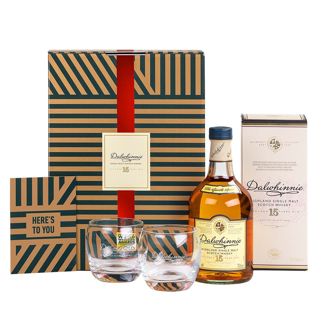 Dalwhinnie 15 Year Old Highland Single Malt Scotch Whiskey 70cl in a High Quality Gift Set With Glasses &amp; Greeting Card