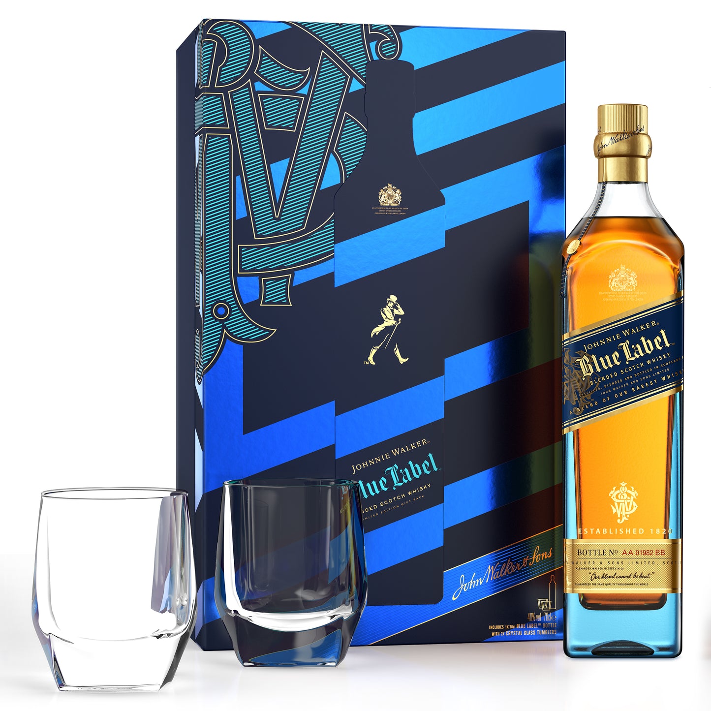 Johnnie Walker Blue Label Blended Scotch Whisky Gift Pack with 2 Crystal Glasses, 70cl