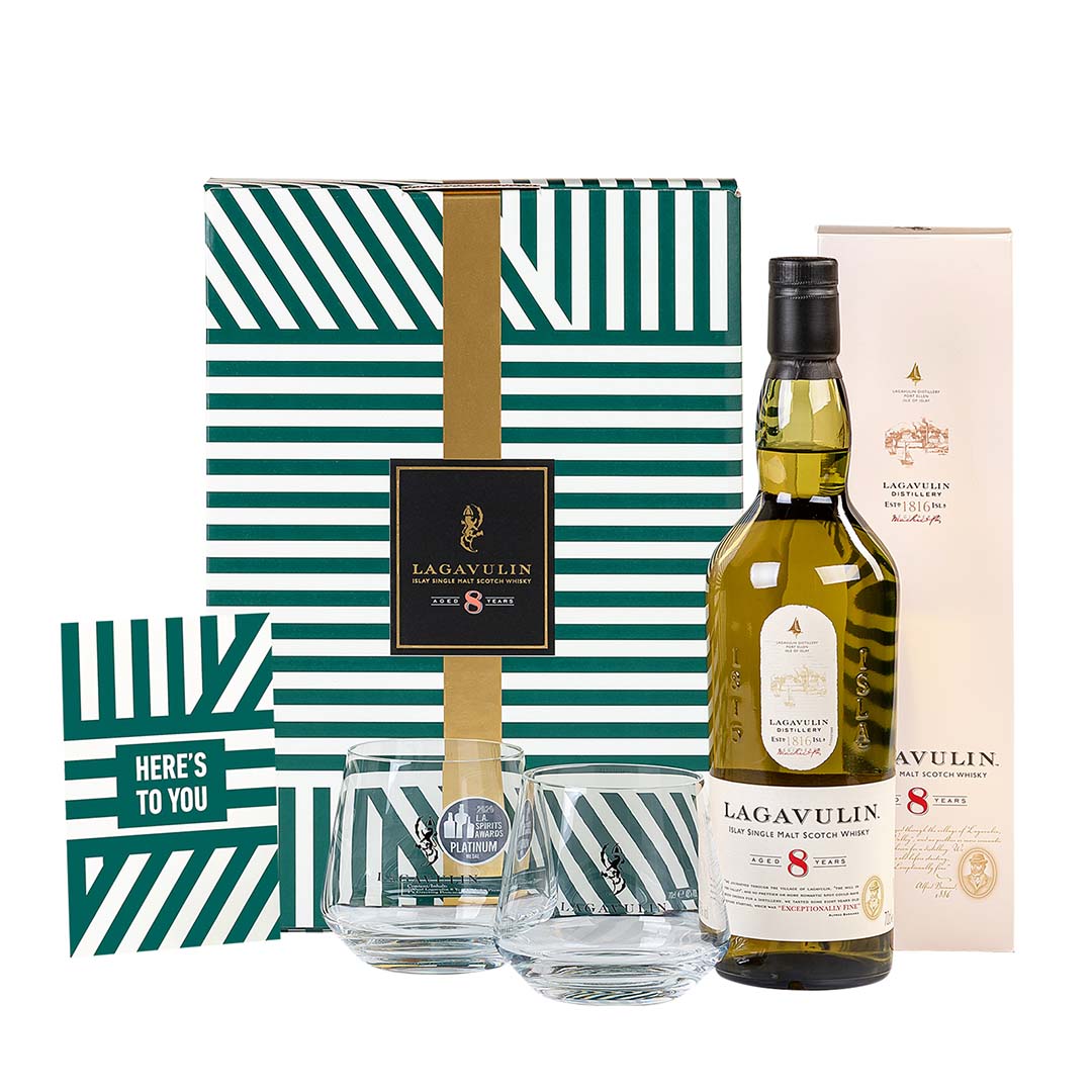 Lagavulin 8 Year Old Islay Single Malt Scotch Whiskey 70cl in a High Quality Gift Set With Glasses &amp; Greeting Card