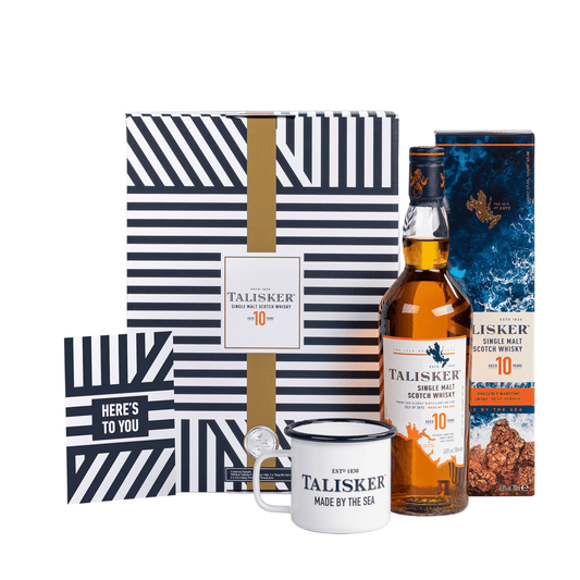 Talisker 10 Year Old Single Malt Scotch Whisky 70cl in High Quality Gift Set With Enamel Cup & Greeting Card