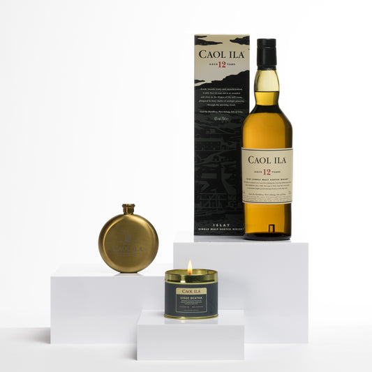 Caol Ila 12 Year Old Single Malt Scotch Whisky, 70cl & Caol Ila Candle & Caol Ila Round Flask