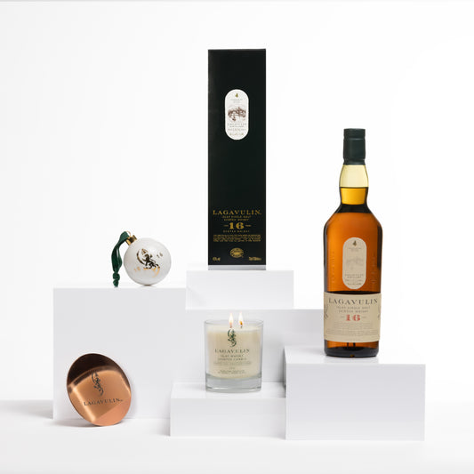 Lagavulin 16 Year Old Single Malt Scotch Whisky, 70cl & Lagavulin Christmas Bauble & Lagavulin Islay Candle & Lagavulin Copper Coaster